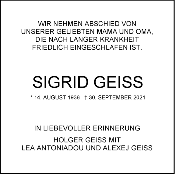Traueranzeige von Sigrid Geiss von Stuttgarter Zeitung / Stuttgarter Nachrichten