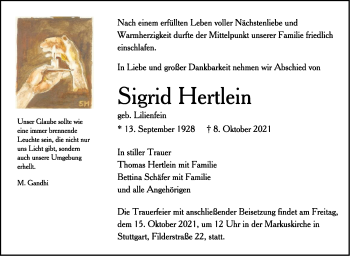 Traueranzeige von Sigrid Hertlein von Stuttgarter Zeitung / Stuttgarter Nachrichten