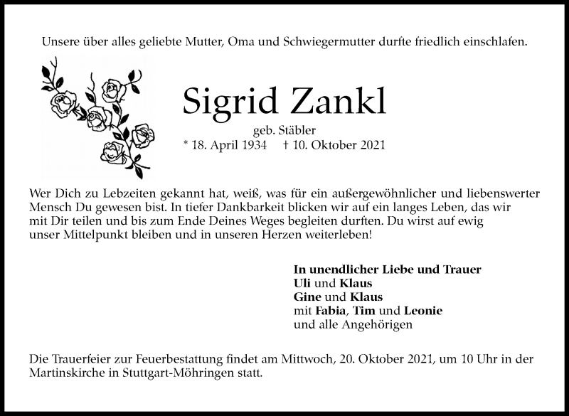  Traueranzeige für Sigrid Zankl vom 15.10.2021 aus Stuttgarter Zeitung / Stuttgarter Nachrichten