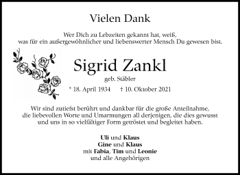 Traueranzeige von Sigrid Zankl von Stuttgarter Zeitung / Stuttgarter Nachrichten