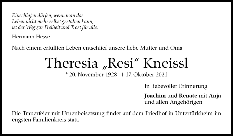  Traueranzeige für Theresia Kneissl vom 30.10.2021 aus Stuttgarter Zeitung / Stuttgarter Nachrichten