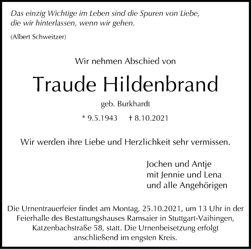  Traueranzeige für Traude Hildenbrand vom 16.10.2021 aus Stuttgarter Zeitung / Stuttgarter Nachrichten
