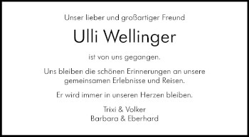 Traueranzeige von Ulli Wellinger von Stuttgarter Zeitung / Stuttgarter Nachrichten
