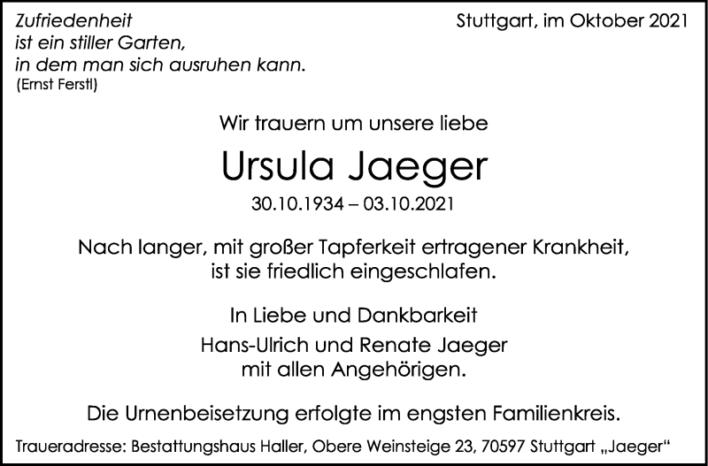  Traueranzeige für Ursula Jaeger vom 27.10.2021 aus Stuttgarter Zeitung / Stuttgarter Nachrichten