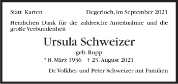 Traueranzeige von Ursula Schweizer von Stuttgarter Zeitung / Stuttgarter Nachrichten