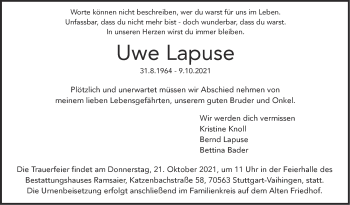 Traueranzeige von Uwe Lapuse von Stuttgarter Zeitung / Stuttgarter Nachrichten