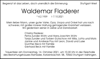 Traueranzeige von Waldemar Fladerer von Stuttgarter Zeitung / Stuttgarter Nachrichten