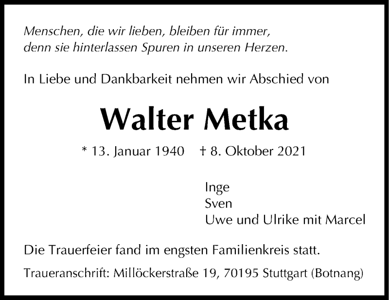  Traueranzeige für Walter Metka vom 27.10.2021 aus Stuttgarter Zeitung / Stuttgarter Nachrichten