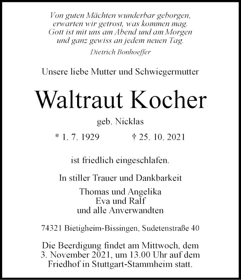  Traueranzeige für Waltraut Kocher vom 30.10.2021 aus Stuttgarter Zeitung / Stuttgarter Nachrichten
