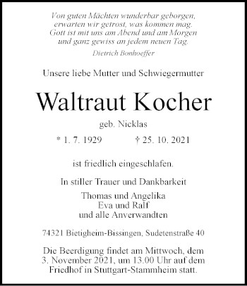 Traueranzeige von Waltraut Kocher von Stuttgarter Zeitung / Stuttgarter Nachrichten