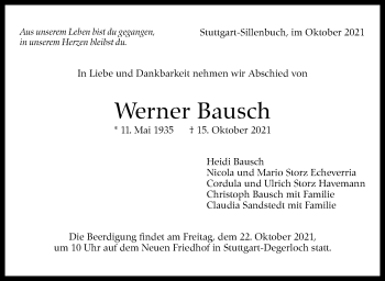 Traueranzeige von Werner Bausch von Stuttgarter Zeitung / Stuttgarter Nachrichten