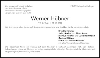 Traueranzeige von Werner Hübner von Stuttgarter Zeitung / Stuttgarter Nachrichten