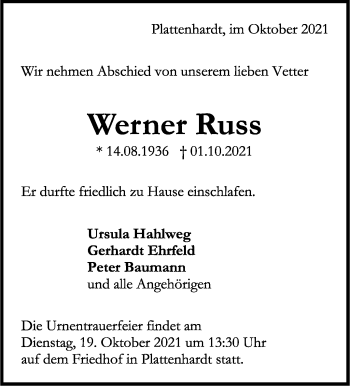 Traueranzeige von Werner Russ von Stuttgarter Zeitung / Stuttgarter Nachrichten