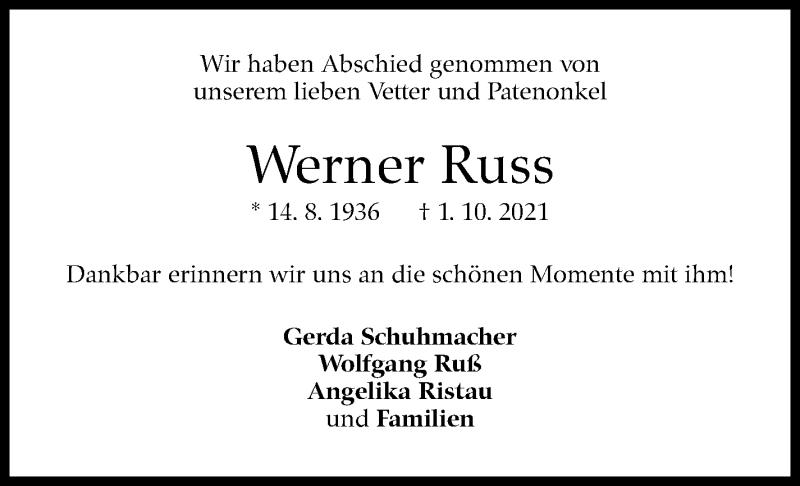  Traueranzeige für Werner Russ vom 23.10.2021 aus Stuttgarter Zeitung / Stuttgarter Nachrichten