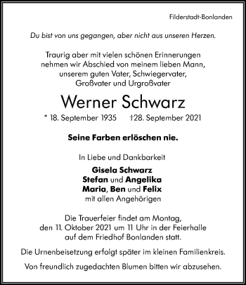 Traueranzeige von Werner Schwarz von Stuttgarter Zeitung / Stuttgarter Nachrichten