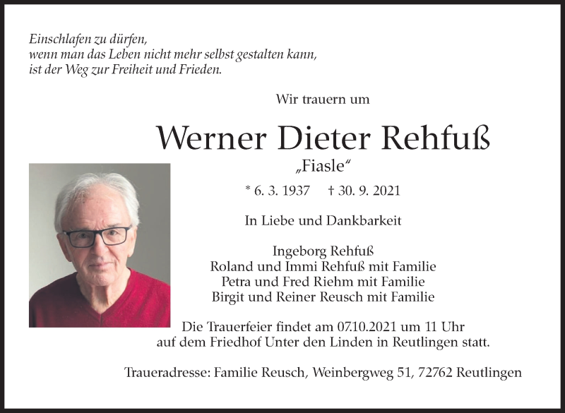  Traueranzeige für Werner Dieter Rehfuß vom 04.10.2021 aus Stuttgarter Zeitung / Stuttgarter Nachrichten