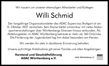 Traueranzeige von Willi Schmid von Stuttgarter Zeitung / Stuttgarter Nachrichten