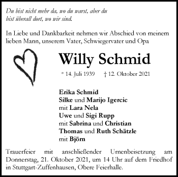 Traueranzeige von Willy Schmid von Stuttgarter Zeitung / Stuttgarter Nachrichten