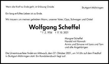 Traueranzeige von Wolfgang Scheffel von Stuttgarter Zeitung / Stuttgarter Nachrichten