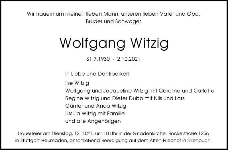  Traueranzeige für Wolfgang Witzig vom 09.10.2021 aus Stuttgarter Zeitung / Stuttgarter Nachrichten