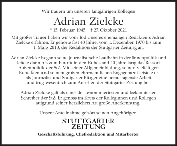 Traueranzeige von Adrian Zielcke von Stuttgarter Zeitung / Stuttgarter Nachrichten