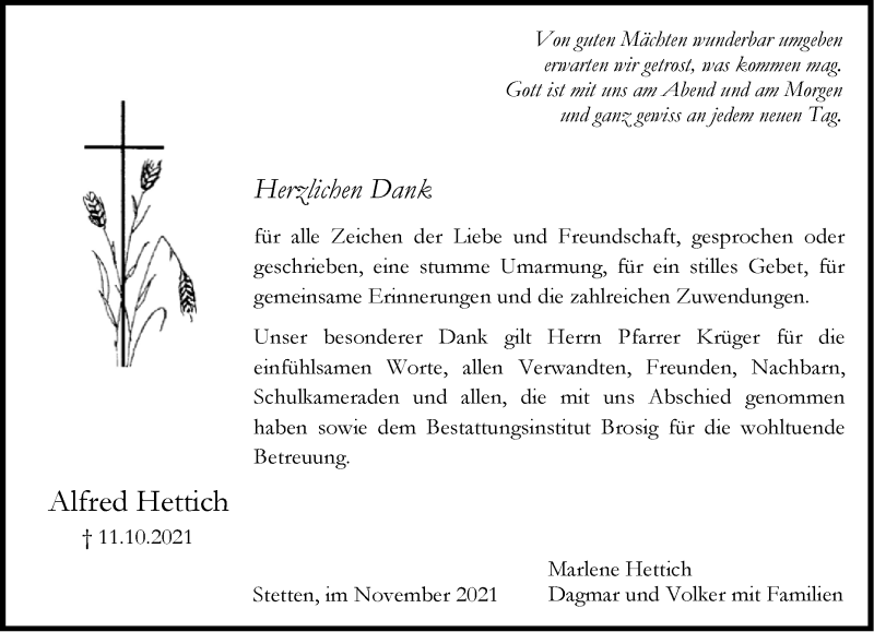  Traueranzeige für Alfred Hettich vom 05.11.2021 aus Stuttgarter Zeitung / Stuttgarter Nachrichten
