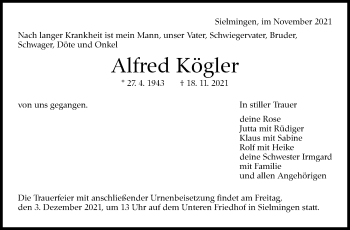 Traueranzeige von Alfred Kögler von Stuttgarter Zeitung / Stuttgarter Nachrichten