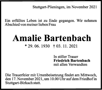 Traueranzeige von Amalie Bartenbach von Stuttgarter Zeitung / Stuttgarter Nachrichten