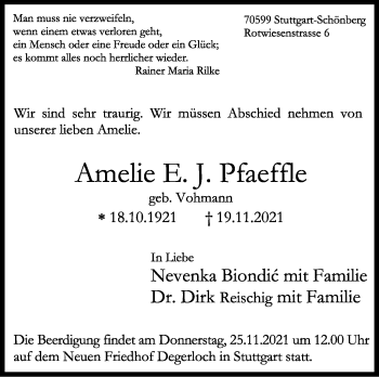 Traueranzeige von Amelie Pfaeffle von Stuttgarter Zeitung / Stuttgarter Nachrichten