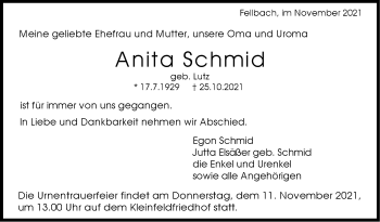 Traueranzeige von Anita Schmid von Stuttgarter Zeitung / Stuttgarter Nachrichten