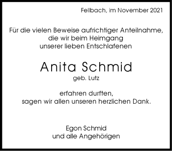 Traueranzeige von Anita Schmid von Stuttgarter Zeitung / Stuttgarter Nachrichten