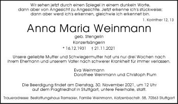 Traueranzeige von Anna Maria Weinmann von Stuttgarter Zeitung / Stuttgarter Nachrichten