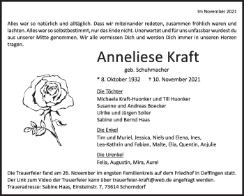 Traueranzeige von Anneliese Kraft von Stuttgarter Zeitung / Stuttgarter Nachrichten