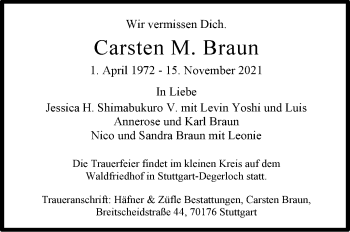 Traueranzeige von Carsten Braun von Stuttgarter Zeitung / Stuttgarter Nachrichten
