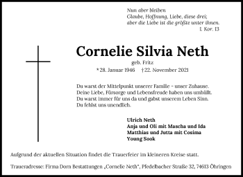 Traueranzeige von Cornelie Silvia Neth von Stuttgarter Zeitung / Stuttgarter Nachrichten