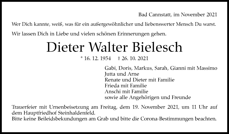  Traueranzeige für Dieter Walter Bielesch vom 16.11.2021 aus Stuttgarter Zeitung / Stuttgarter Nachrichten