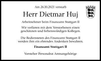 Traueranzeige von Dietmar Huj von Stuttgarter Zeitung / Stuttgarter Nachrichten