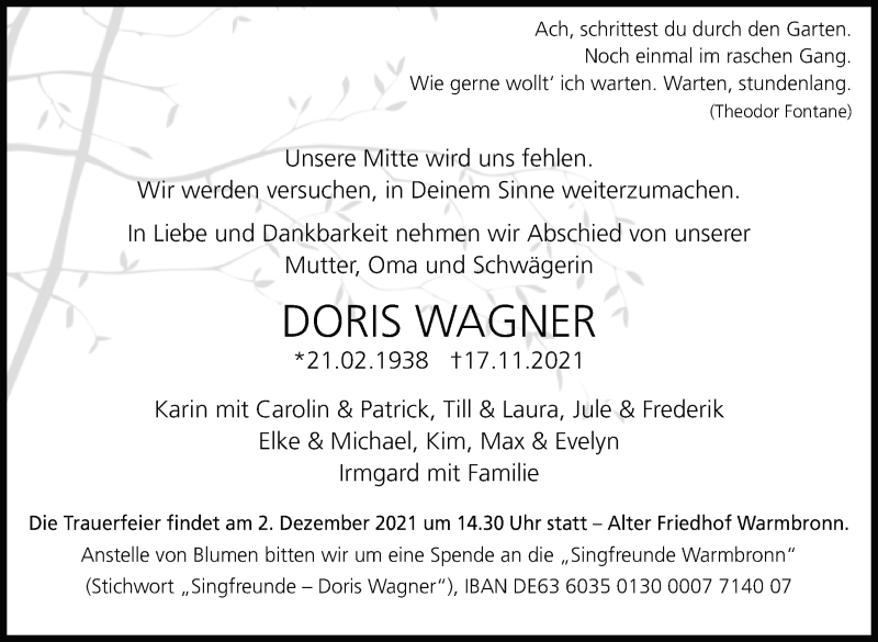  Traueranzeige für Doris Wagner vom 27.11.2021 aus Stuttgarter Zeitung / Stuttgarter Nachrichten