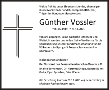 Traueranzeige von Günther Vossler von Stuttgarter Zeitung / Stuttgarter Nachrichten