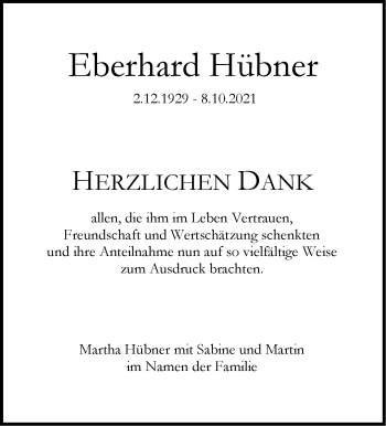 Traueranzeige von Eberhard Hübner von Stuttgarter Zeitung / Stuttgarter Nachrichten
