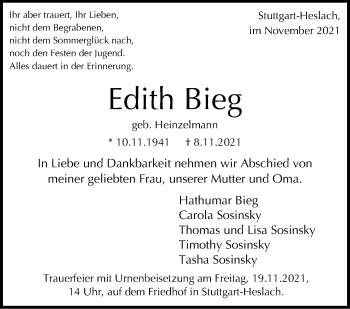 Traueranzeige von Edith Bieg von Stuttgarter Zeitung / Stuttgarter Nachrichten