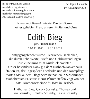 Traueranzeige von Edith Bieg von Stuttgarter Zeitung / Stuttgarter Nachrichten