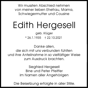 Traueranzeige von Edith Hergesell von Stuttgarter Zeitung / Stuttgarter Nachrichten