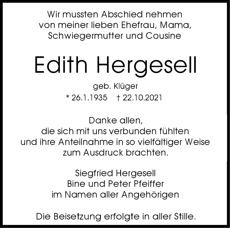  Traueranzeige für Edith Hergesell vom 13.11.2021 aus Stuttgarter Zeitung / Stuttgarter Nachrichten