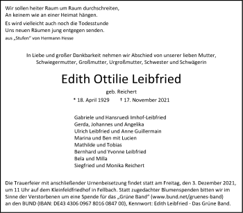 Traueranzeige von Edith Ottilie Leibfried von Stuttgarter Zeitung / Stuttgarter Nachrichten