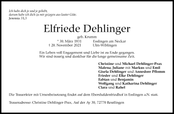 Traueranzeige von Elfriede Dehlinger von Stuttgarter Zeitung / Stuttgarter Nachrichten