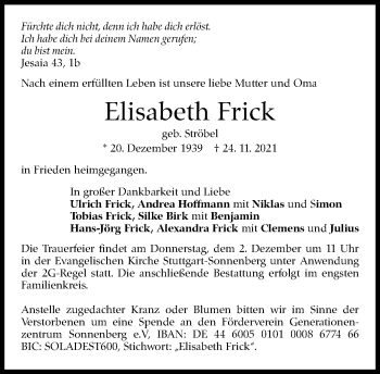 Traueranzeige von Elisabeth Frick von Stuttgarter Zeitung / Stuttgarter Nachrichten