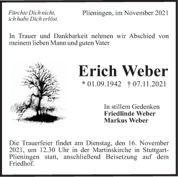 Traueranzeige von Erich Weber von Stuttgarter Zeitung / Stuttgarter Nachrichten