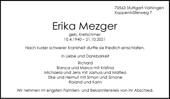 Traueranzeige von Erika Mezger von Stuttgarter Zeitung / Stuttgarter Nachrichten