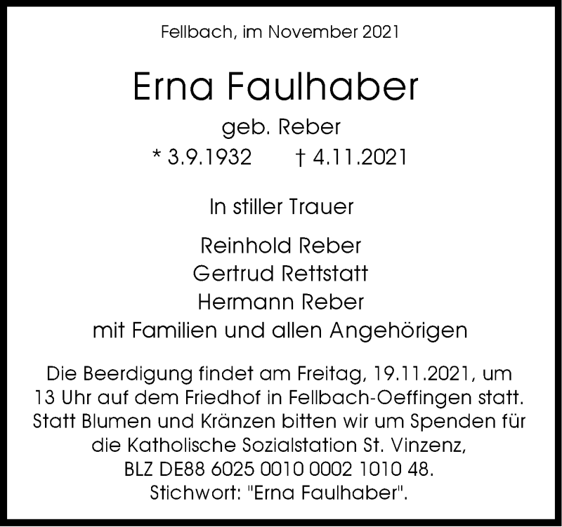 Traueranzeige für Erna Faulhaber vom 16.11.2021 aus Stuttgarter Zeitung / Stuttgarter Nachrichten